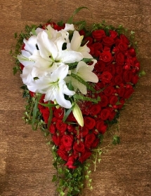 Red Rose Heart with white Lily spray